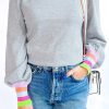 Gray Crew Neck Colorful Striped Cuffs Puff Sleeves Sweater