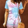 Multicolor Letter Tie Dye Print Short Sleeve Drawstring Matching Lounge Set