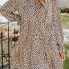 Khaki Leopard Print Ruffled V Neck Long Sleeve Mini Dress