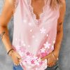 Pink Cherry Blossom Print Lace Splicing V Neck Tank Top