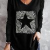 Black Star Print V Neck Long Sleeve Top