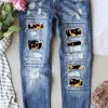 Sky Blue Funny Face Pattern Patchwork Distressed Jeans