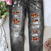 Gray Pumpkin Pattern Patchwork Mid Rise Distressed Jeans