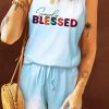 Sky Blue Blessed Colorful Words Sleeveless Tie Dye Loungwear Set