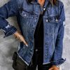 Blue Lapel Distressed Raw Hem Buttons Denim Jacket