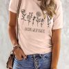 Khaki Letter Flower Print O-neck Short Sleeve Graphic Tee