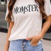 White MOMSTER Letter Print Short Sleeve T Shirt