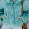 Green Collared Side Pockets Winter Fuzzy Coat