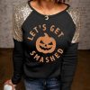 Black Let's Get Smashed Pumpkin Glitter Print Sequin Contrast Top