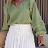 Green Split V Neck Ruffled Bubble Sleeves Blouse