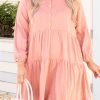 Pink Plus Size Shirt Buttoned Style Puff Sleeve Dress