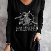 Black Halloween Witch Rhinestones Solid V Neck Shift Casual Long Sleeve Top