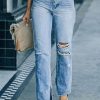 Sky Blue Side Splits Ripped Straight Leg High Waist Jeans