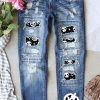 Sky Blue Halloween Skull Patchwork Distressed Jeans