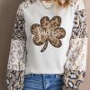 Beige St. Patrick's Day Leopard Clover Print Long Sleeve Top