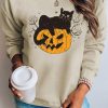 Khaki Pumpkin Face Black Cat Print Graphic Sweatshirt