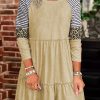 Khaki Striped Leopard Patchwork Long Sleeve Mini Dress