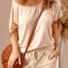 Beige Raglan Top And Shorts Knit Lounge Set