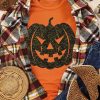 Orange Halloween Pumpkin Face Glitter Print Graphic T Shirt