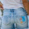 Sky Blue Abstract Face Print Raw Hem High Waist Denim Shorts