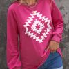 Rose Aztec Geometric Print Long Sleeve Pullover Sweatshirt