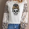 Skull Graphic Leopard Color Block Long Sleeve Top