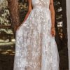 White V Neck Backless Floral Lace Maxi Dress