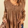 Brown Lace Crochet Buttoned V Neck Babydoll Top