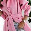 Pink Solid Color Buttoned Coat With Tie