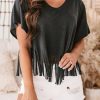 Black Fringe Hem V Neck T Shirt