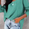 Green Waffle Knit Splicing Buttons Long Sleeve Top