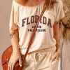 Beige FLORIDA Letter Print Short Sleeve Drawstring Matching Lounge Wear