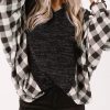 Black Buffalo Plaid Splicing Split Neck Knit Top