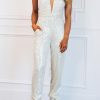 Apricot Deep V Neck Sleeveless Open Back Sequin Jumpsuit