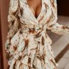 White Ruffle Tiered V Neck Wrap Print Mini Dress