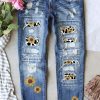 Sky Blue Sunflower Cow Pattern Patchwork Distressed Jeans