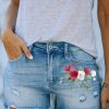 Sky Blue Floral Print Split Distressed High Waist Denim Short