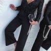 Black Sequin Fringes V Neck Long Sleeve Jumpsuit