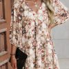 Apricot 3/4 Sleeves V Neck Print Tiered Flowy Short Dress