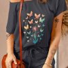 Gray Flying Butterflies And Dandelion Print Loungewear Set