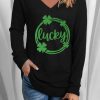 Black Sequin Lucky Clover Print Long Sleeve Top