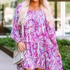 Rose Ruffled Square Neck Long Sleeve Floral Dress