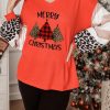 Christmas Leopard Striped Print Waffle Knit V Neck Shirt