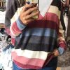 Multicolor Striped Mesh Splicing Round Neck Long Sleeve Top