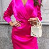 Rose Satin V Neck Wrap Shirt Dress