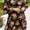 Black Plus Size Cut-out Neckline Long Sleeve Floral Dress