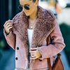 Pink Plush Lining Suede Cropped Double Breasted Coat