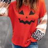 Red Pumpkin Face Stripe Sleeve V-Neck Tops