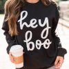 Black Hey Boo Letter Print Long Sleeve Pullover Sweatshirt