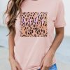 Pink Short Sleeve Letter Leopard Print Graphic T-shirt